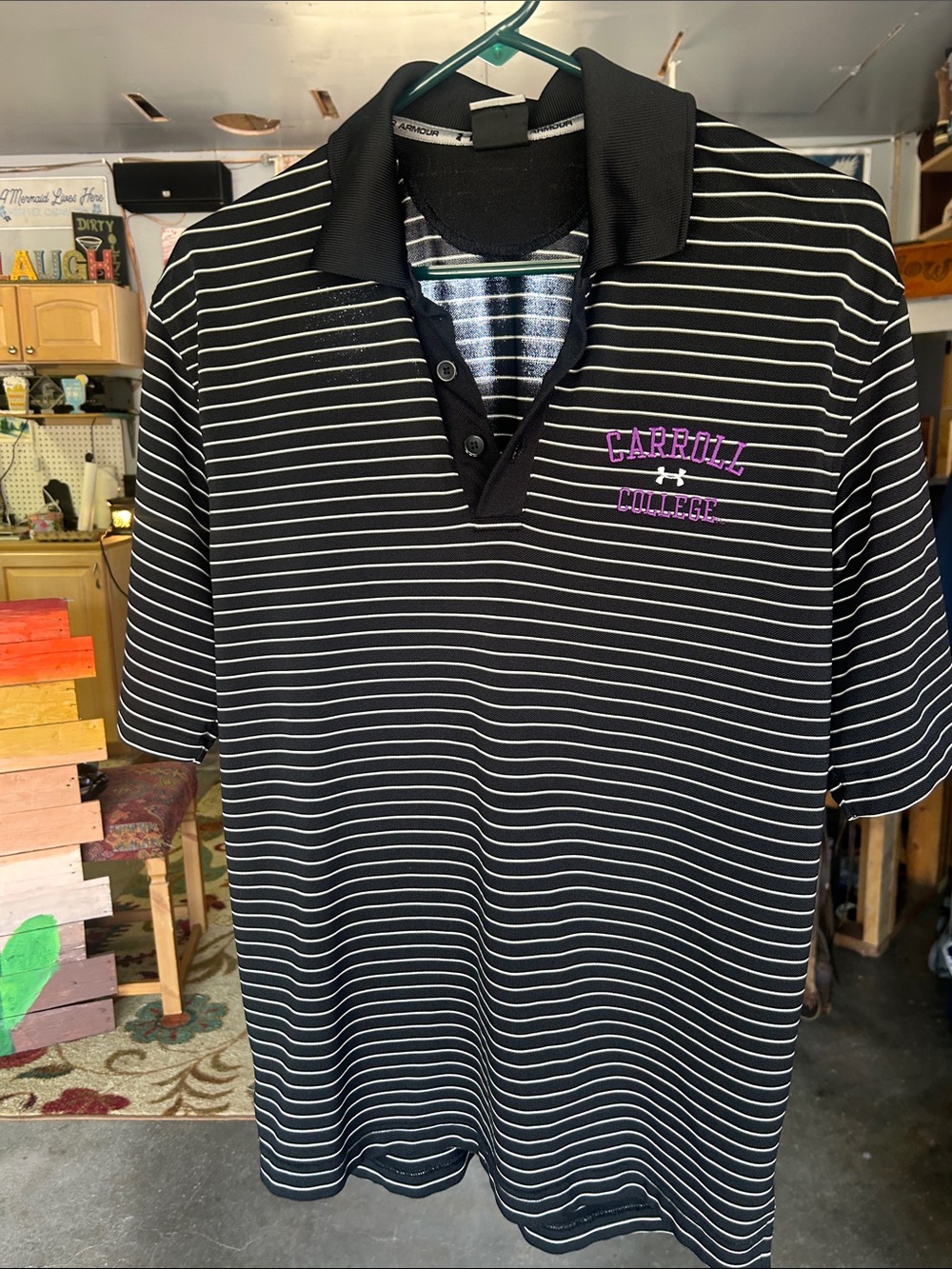 Under Armour Black and White Striped Polo with Carroll College Logo